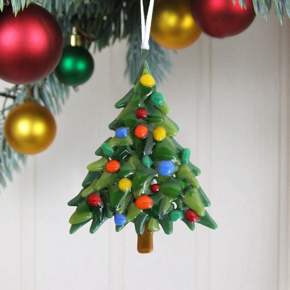Handmade fused glass Christmas tree decoration with colourful frit baubles