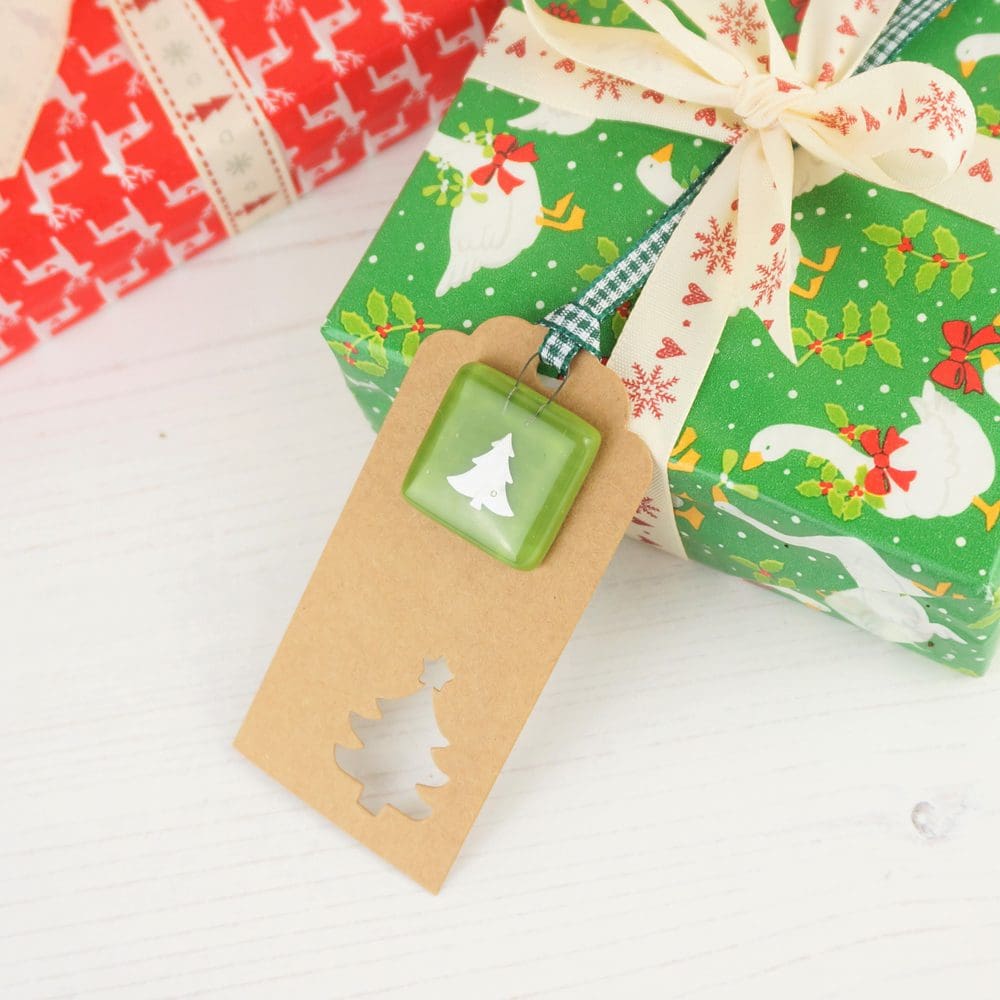 Kraft gift tag with handmade fused glass and paper cut Christmas tree keepsake