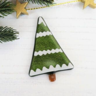 Handmade fused glass Christmas tree brooch with hand painted snow