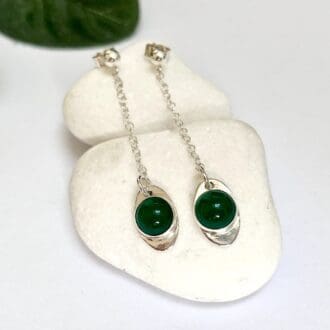Handmade dangly earrings green agate gemstone and silver chain