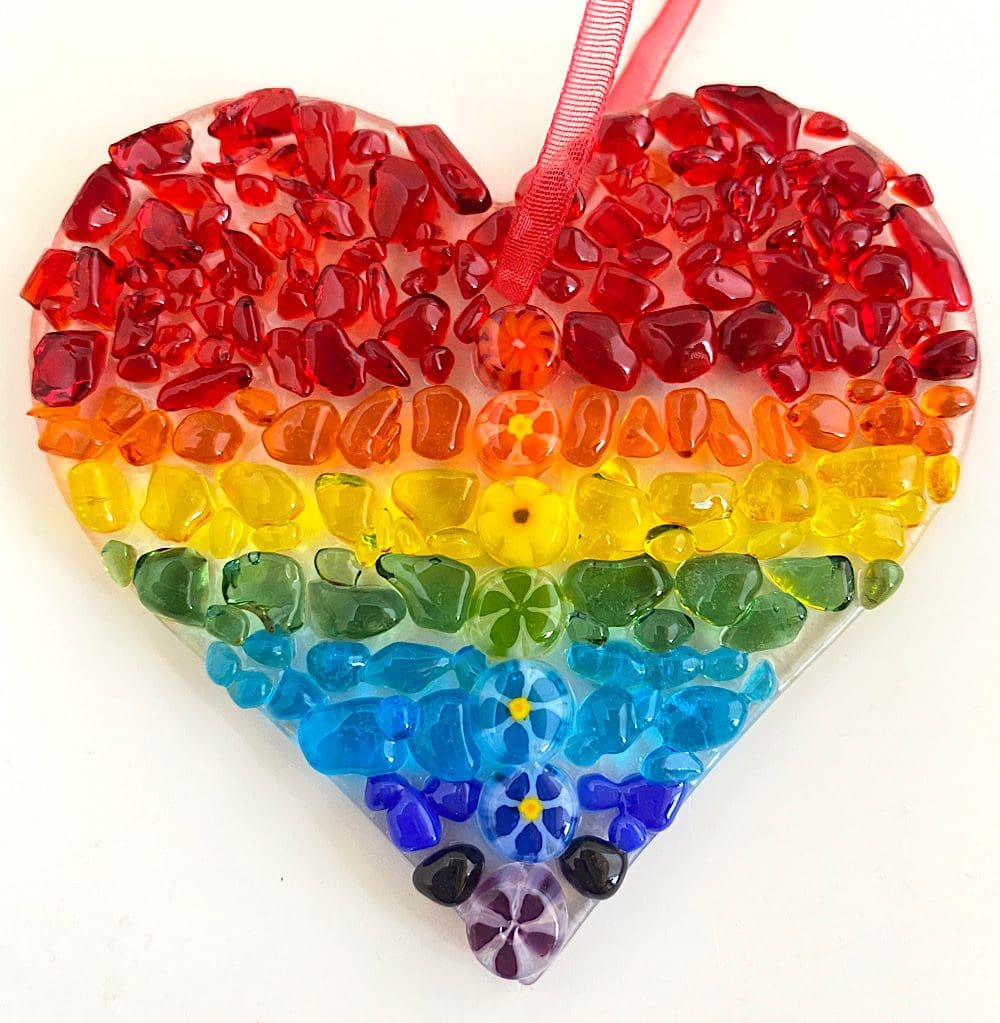 Rainbow fused glass heart suncatcher
