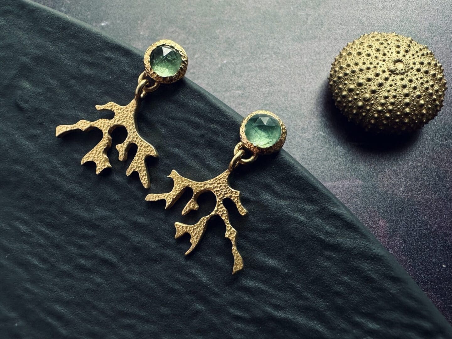 My Jewellery Garden Dancing in the Sea Garden Rose Cut Green Kyanite 18k Yellow Gold Vermeil Seaweed Dangle Earrings