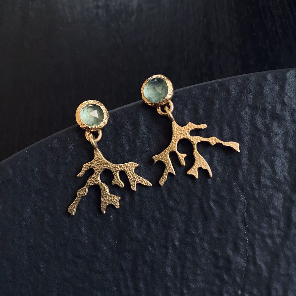 Handmade Seaweed Textured Earrings in 18k Gold Vermeil with Rose Cut Green Kyanite