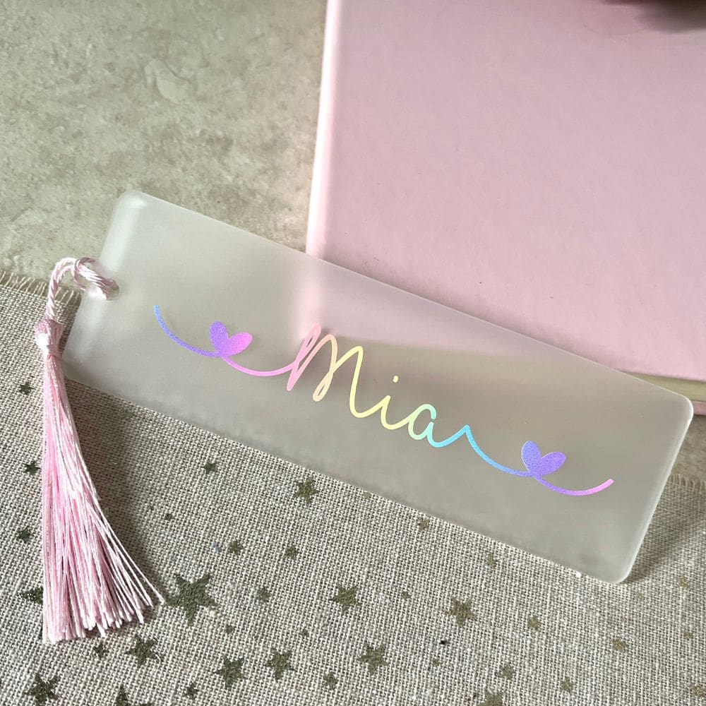 Personalised bookmark for children with pastel rainbow name and heart detail, reading gift for girl or book lover