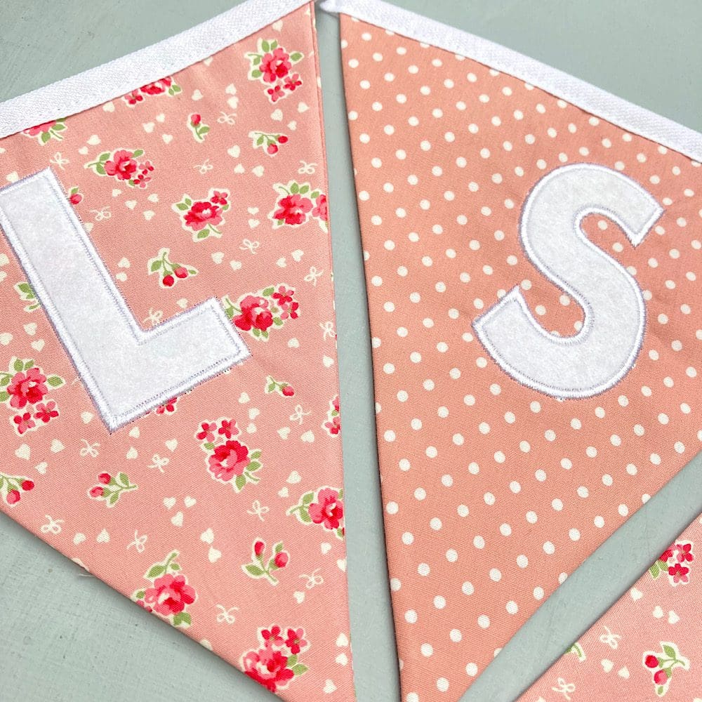 Personalised pink floral bunting close up of flags