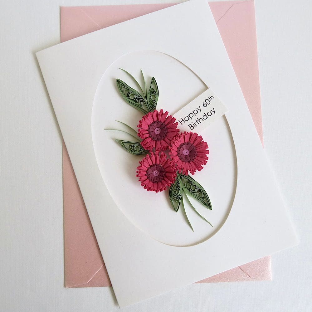 Birthday card with quilled flowers in deep pink