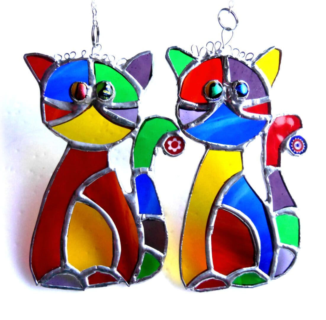 Rainbow cat stained glass picasso style patchwork handmade stained glass suncatcher