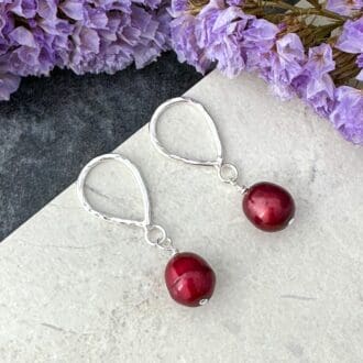 Red pearl earrings handmade in sterling silver