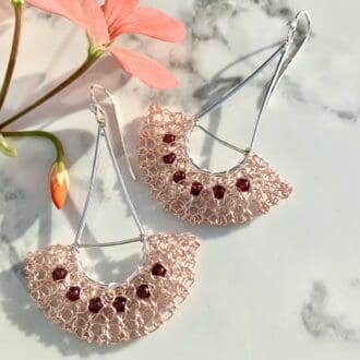 Silver and garnet earrings with wire crochet