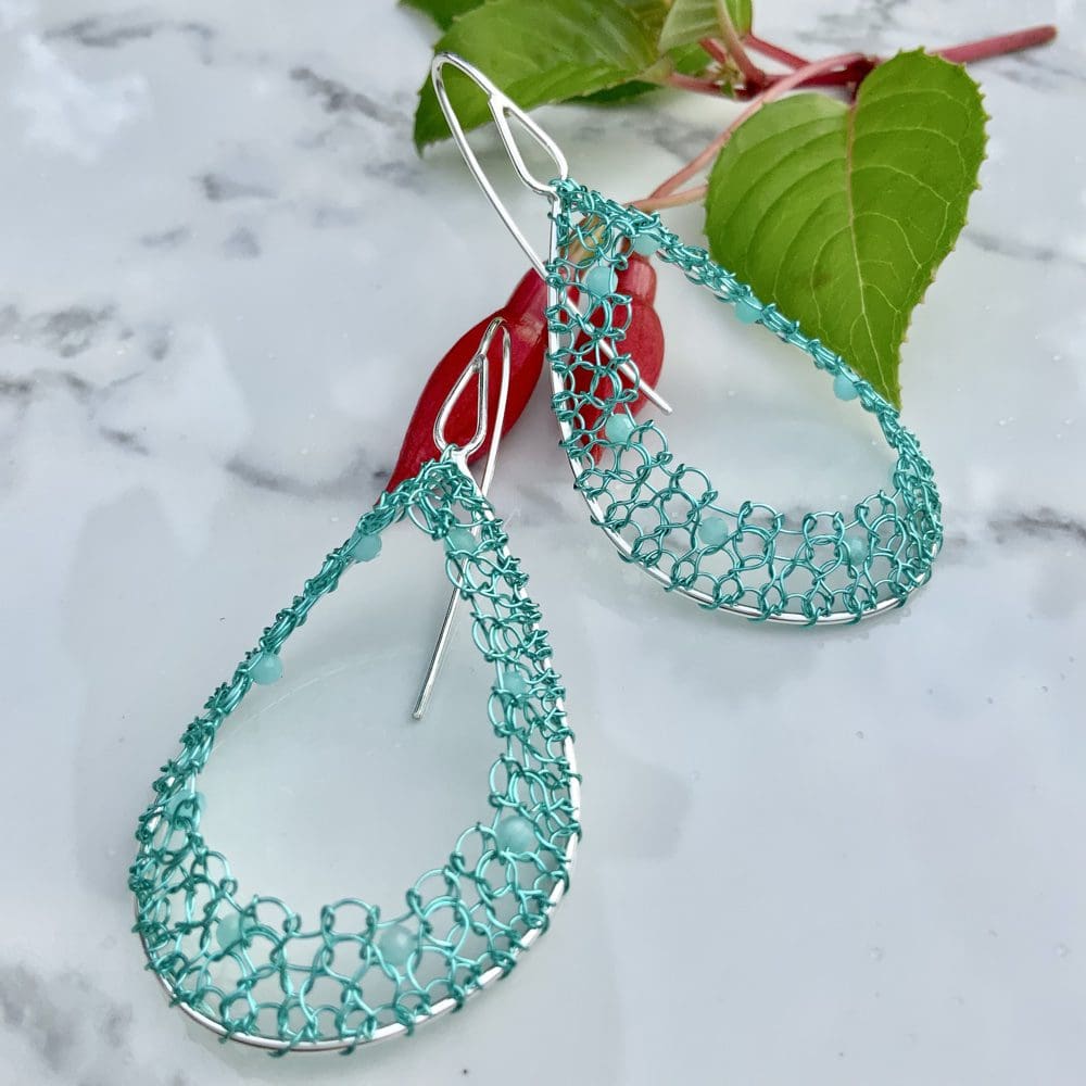 Silver earrings amazonite beads turquoise wire crochet