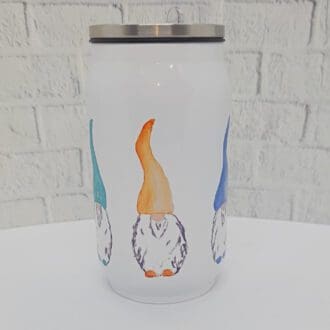 Gnome artwork on can style travel mug