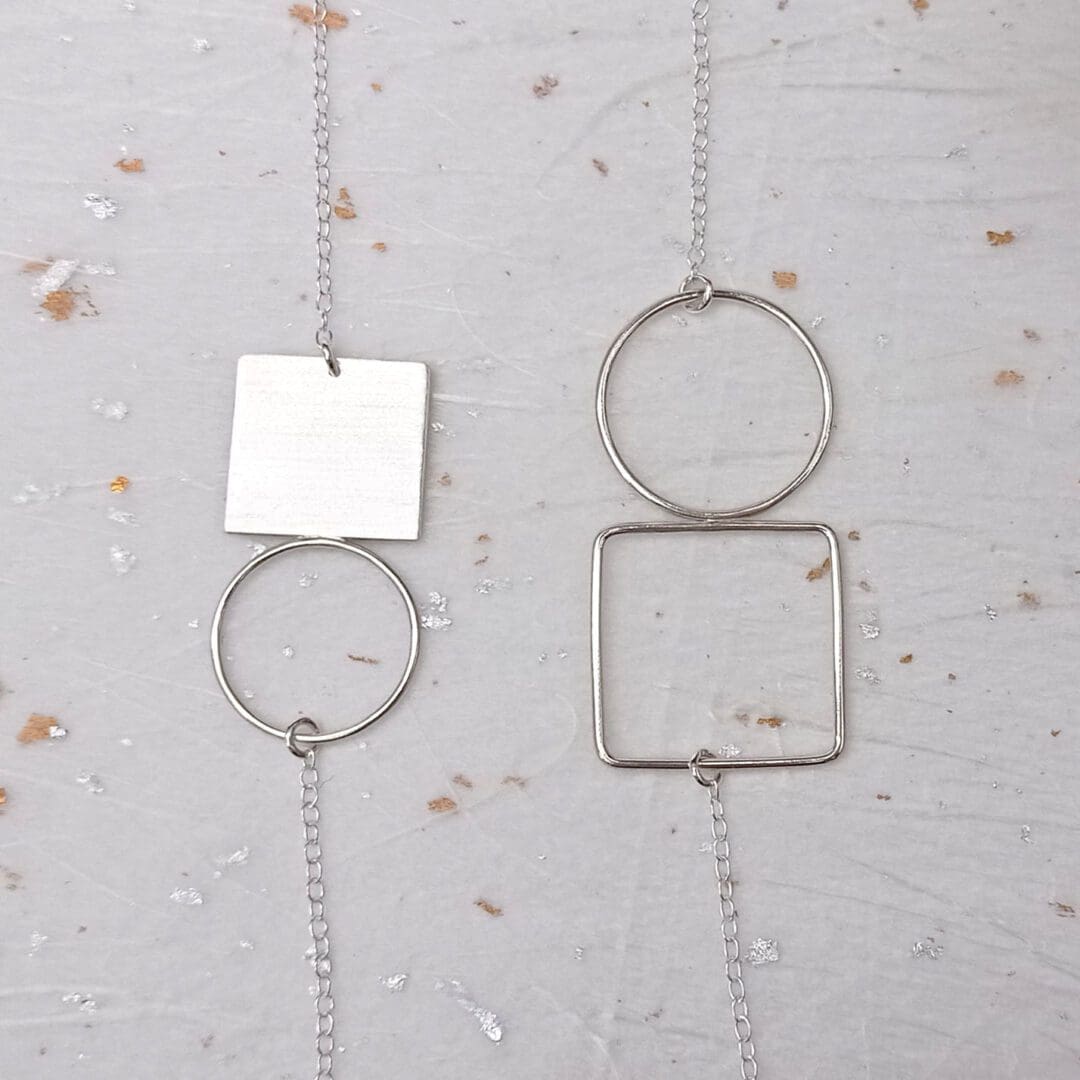 recycled sterling silver double wire circle and square necklace