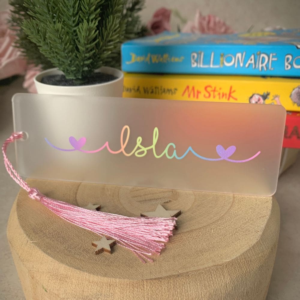 Personalised bookmark for children with pastel rainbow name and heart detail, reading gift for girl or book lover
