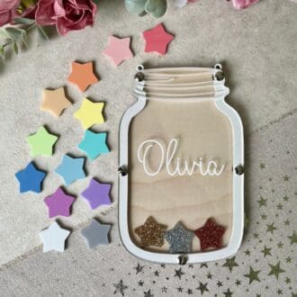 Children's Personalised Reward Jar with pastel star tokens and gold, silver and, bronze glittery stars, For supporting good behaviour, independence and routines for kids