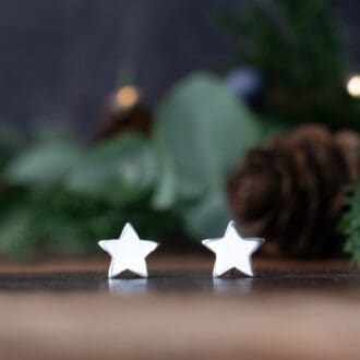 silver star stud earrings with christmas greenery and lights in background