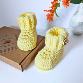 lemon newborn handmade crochet baby booties with a ribbed folded cuff