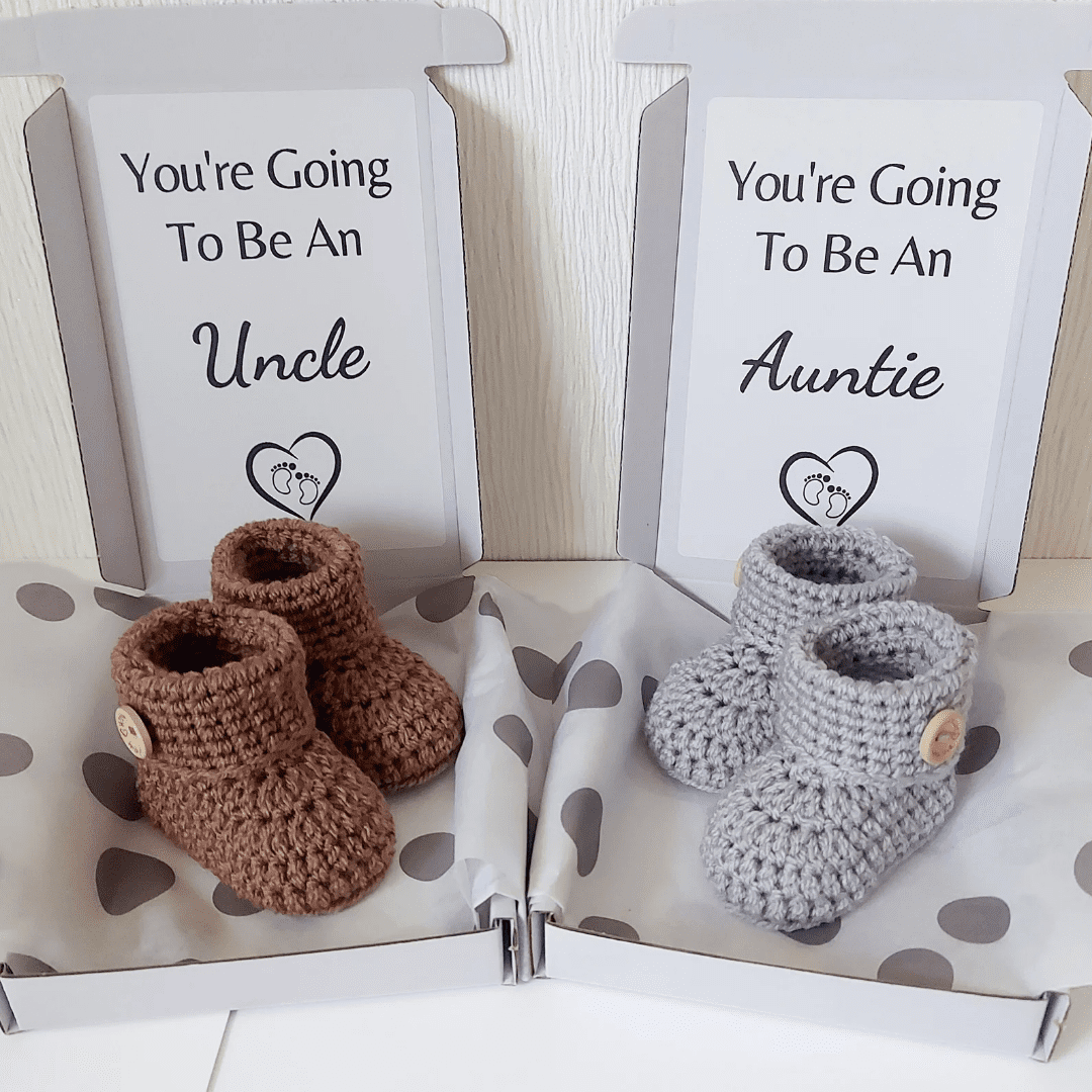 Pregnancy annountment to family members, you are going to be an auntir or uncle, a pair of hand crochet newborn baby booties in a letterbox size box. These can also be personalised withh your own text
