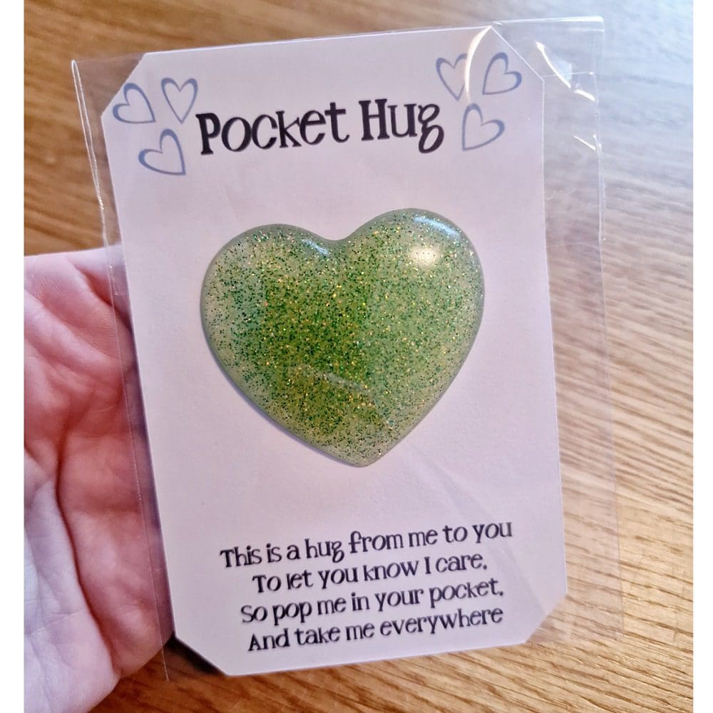 Green glitter resin pocket heart hug