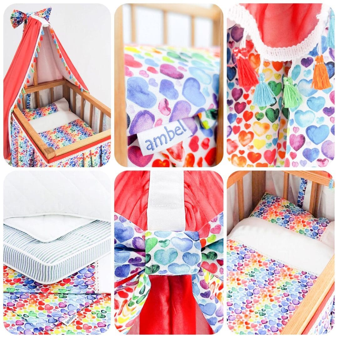 A 6 photo montage of rainbow love cot with details of the fabric parts