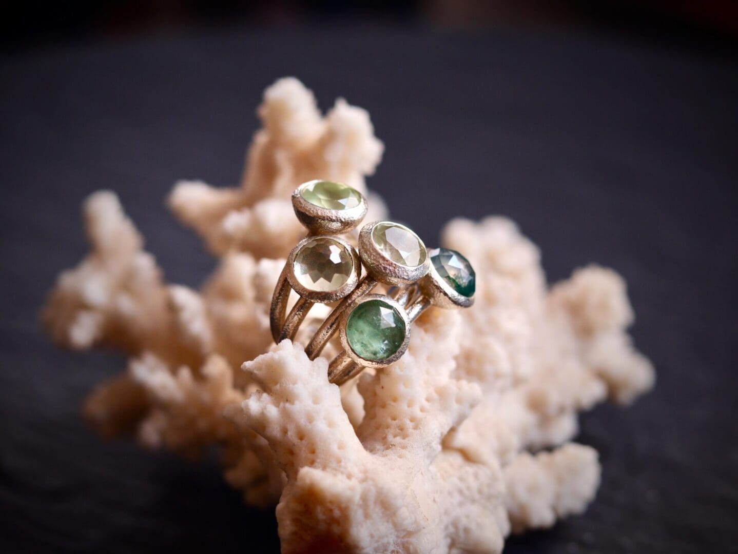 My Jewellery Garden Ocean Inspired Handmade Textured Cocktail Ring Sterling Silver Green Gemstones