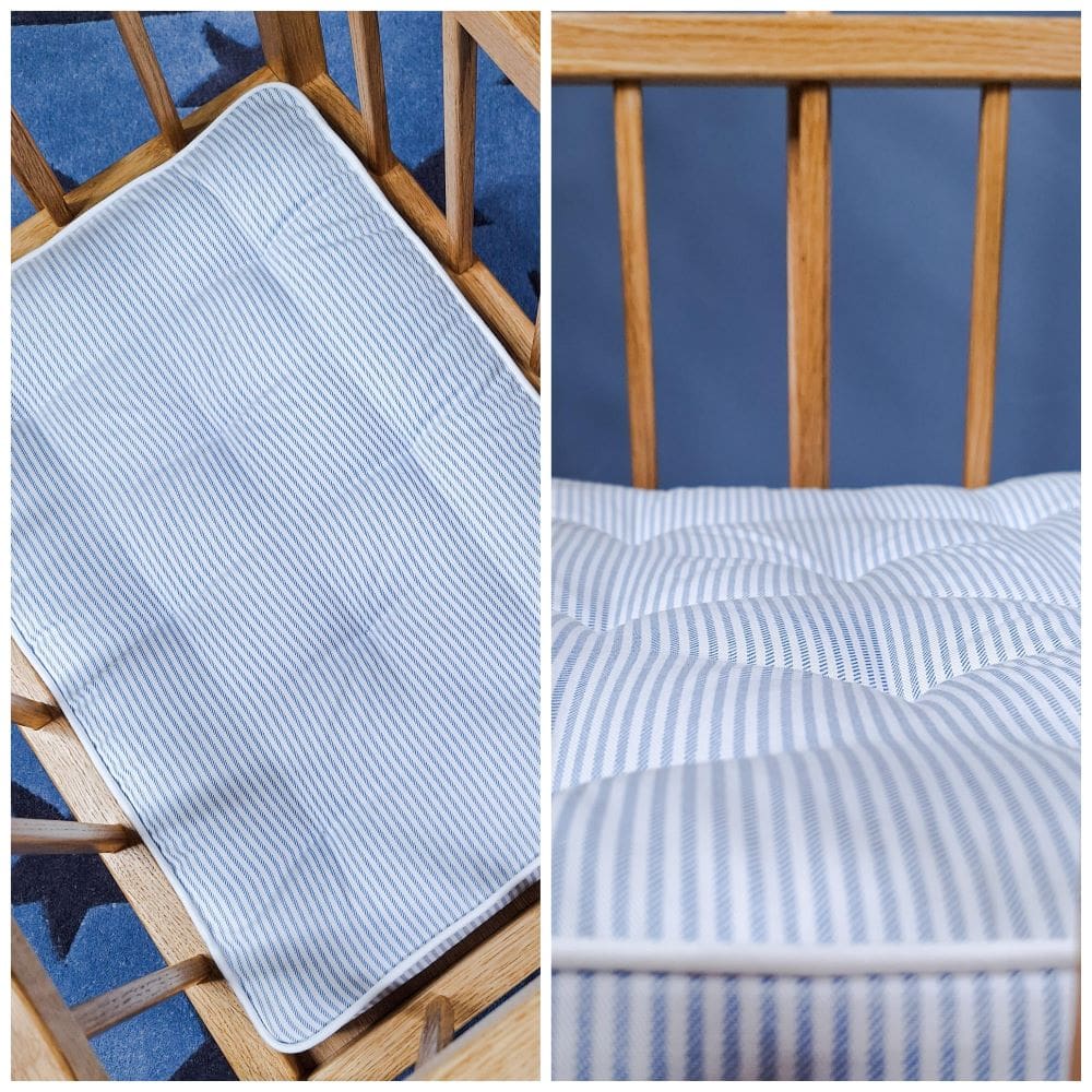 Montage of an aerial view of a hand-tufted old-school pin striped mattress with piped edge trim in an oak framed dolls cot and a dolls eye view the mattress in the cot.