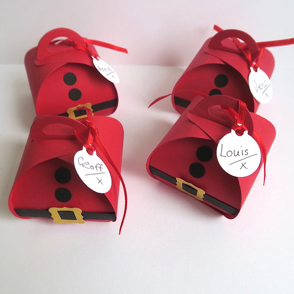 Christmas Santa favour boxes - red with black belt and buttons and gold foil buckle