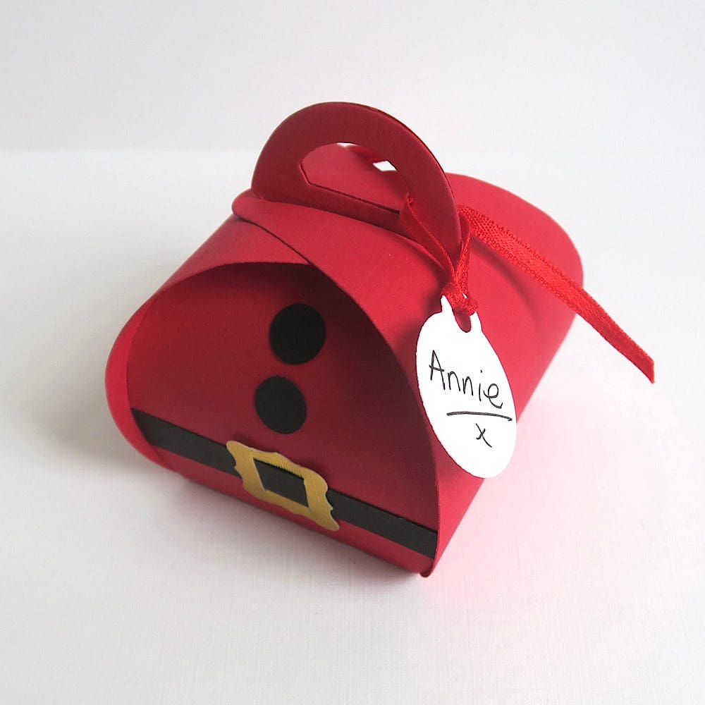 Christmas Santa favour boxes - red with black belt and buttons and gold foil buckle