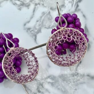Silver round earrings pink wire crochet