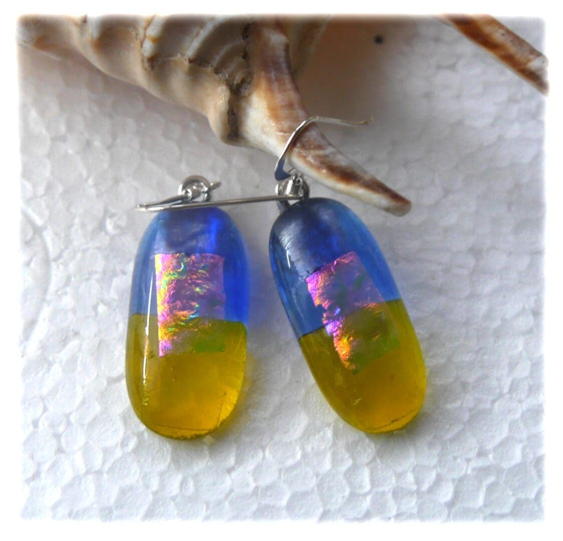 Ukraine Earrings blue yellow dichroic handmade fused glass silver hooks