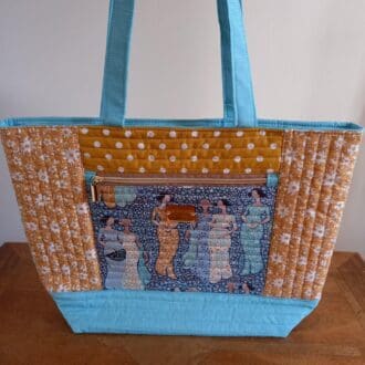 Yellow and teal quilted patchwork tote bag