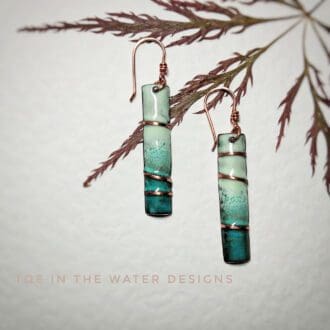 Foldformed and Enamelled Copper drop earrings in shades of teal