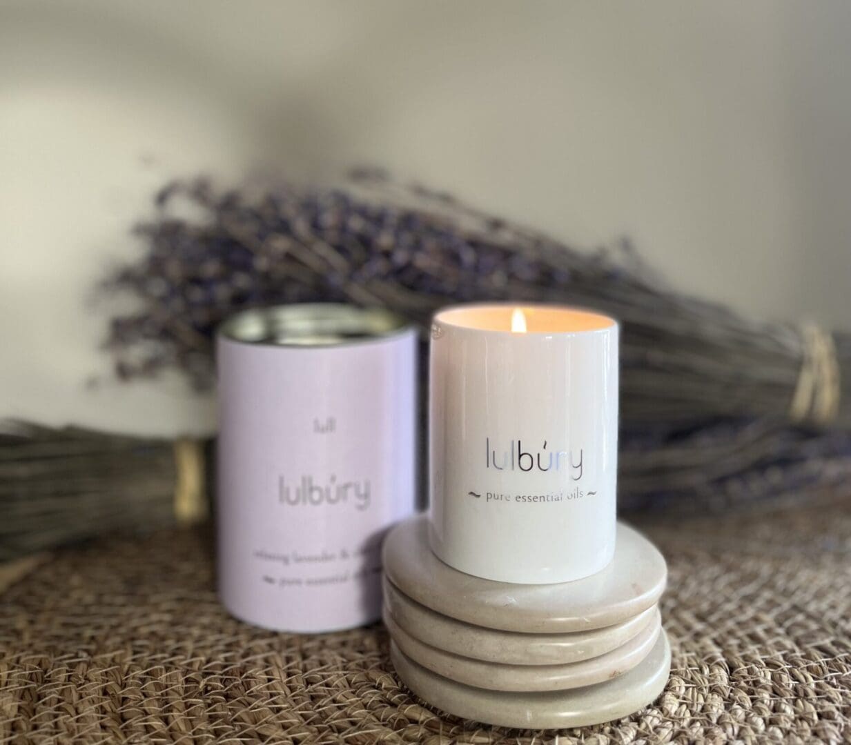 White candle jar lilac tube and lavender