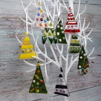 fused glass Christmas trees. Hanging decoration in random colours
