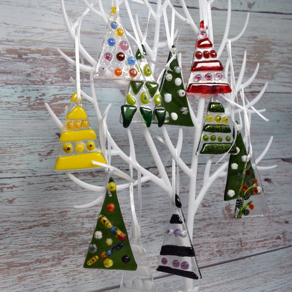 fused glass Christmas trees. Hanging decoration in random colours
