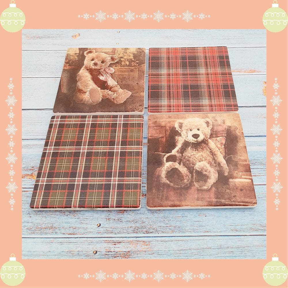 teddy bear coasters with tartan