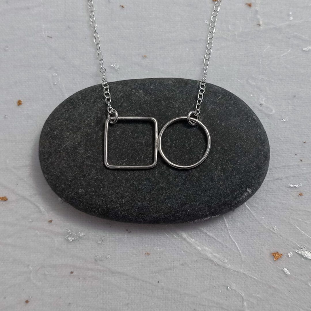 recycled sterling silver shaped wire circle and square necklace