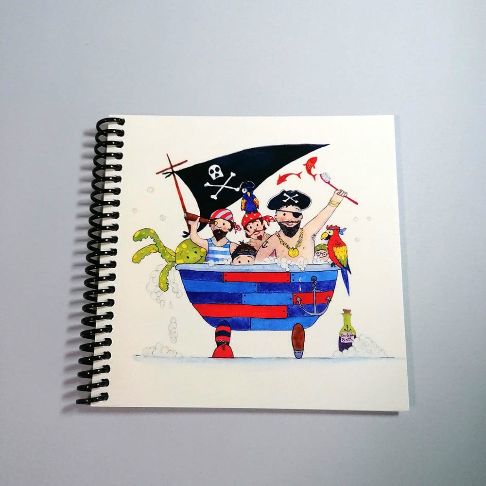 Pirates in the bathtub sketchbook. A child friendly sized coil bound book with 35 plain white pages to fill with doodles and sketches