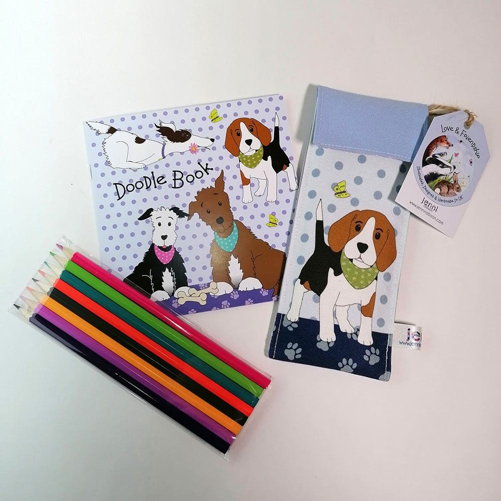 Beagle Doodle Kit, stationery set. Comprising of a lined handmade cotton pouch, 8 colouring pencils and a 20 page sketchbook.