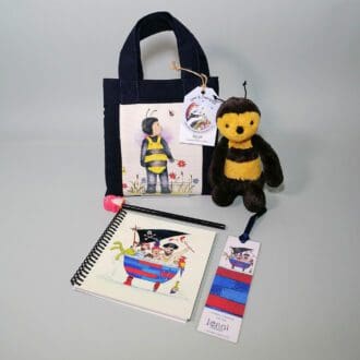 Little navy blue cotton handbag water resistant lining featuring Gabriel and Buzby bee illustration. The bag contains a coil bound sketchbook featuring pirates in a bathtub, a pencil with an eraser character topper and a laminated bookmark printed with Gabriel and bee friend. Ideal for kids who love to draw.