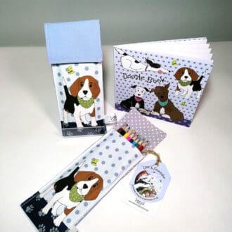 Beagle Doodle Kit, stationery set. Comprising of a lined handmade cotton pouch, 8 colouring pencils and a 20 page sketchbook.