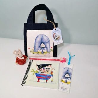 Mini book bag that holds the doodle kit stationery set, coil bound sketchbook, pencil with a character eraser topper and a mouse bookmark