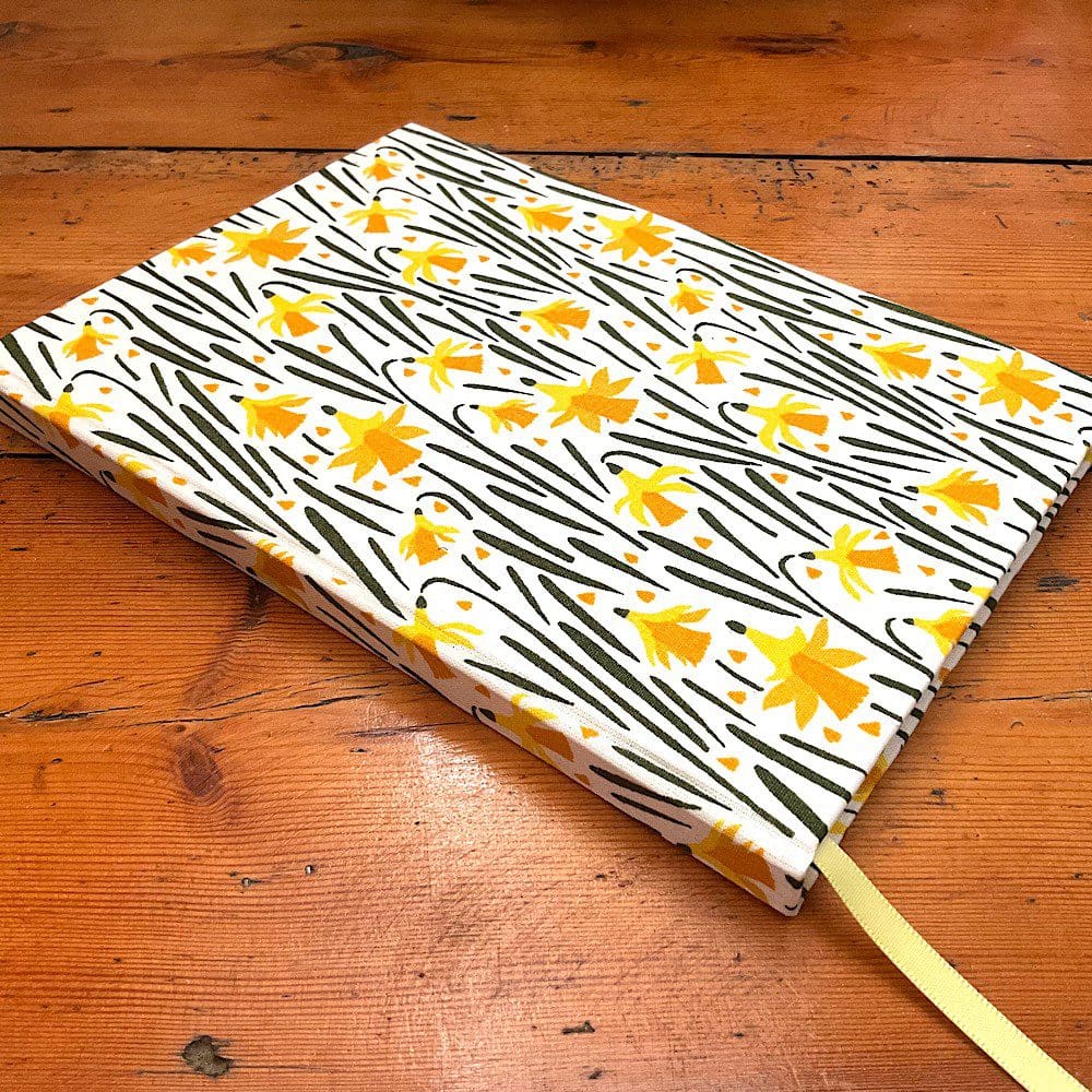 A5 Handmade notebook filled with lined paper and covered in a pretty Daffodil print fabric
