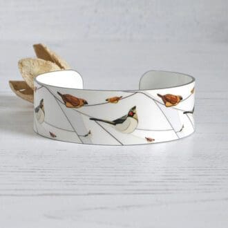 artistic handmade jewellery, metal bangle, cuff bracelet with birds.