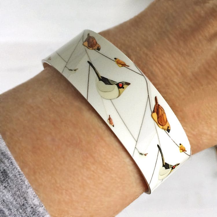 handmade jewellery, metal bangle, cuff bracelet with birds