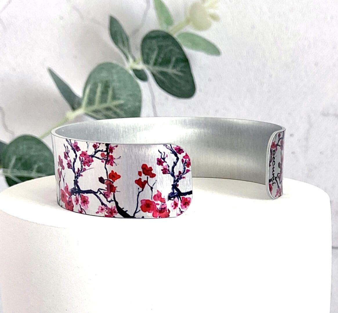 Sakura flowers, handmade jewellery, aluminium metal bangle, cuff bracelet