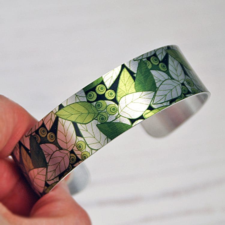 Olive Green handmade jewellery, with leaves aluminium metal bangle, cuff bracelet