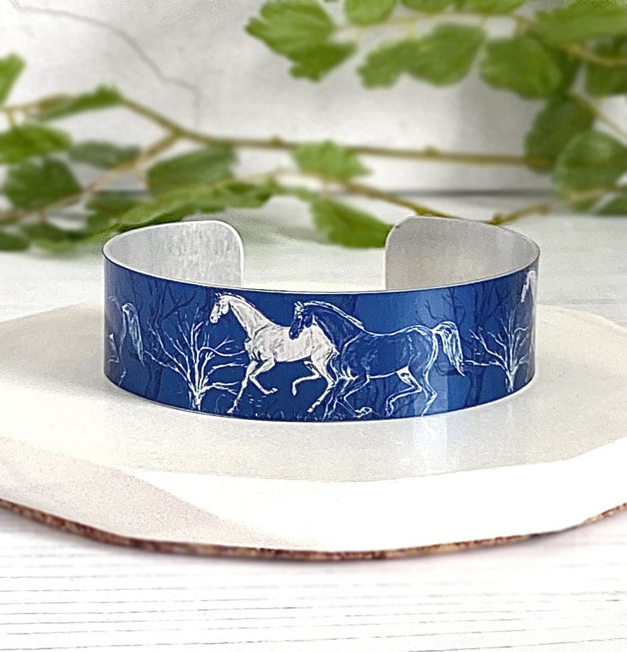 handmade jewellery, metal bangle, cuff bracelet with horses