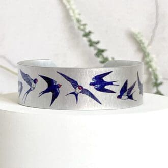 Swallows, birds, metal, bangle, cuff, bracelet, blue, silver, aluminium, jewellery, handmade UK, DeCumi Designs