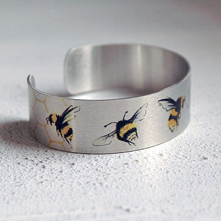 Insect handmade jewellery, aluminium metal bangle, cuff bracelet with bees