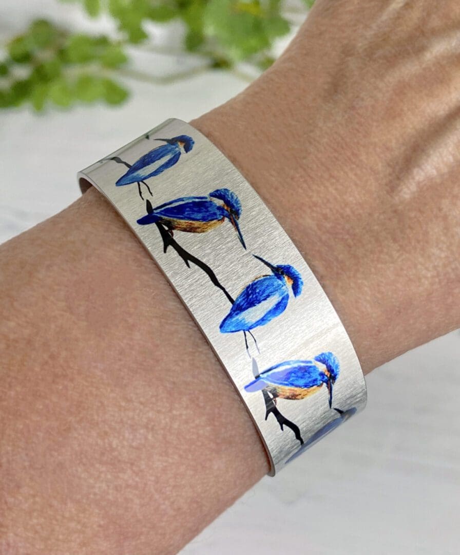 Kingfisher, kingfishers, birds, bracelet, bangle, cuff, metal, aluminium, blue, handmade UK, jewellery, DeCumi Designs